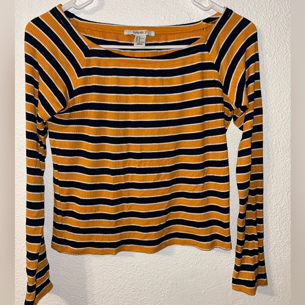 Forever 21 Mustard and Black Striped Long-Sleeve Ribbed Top